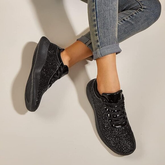 LUCKY STEP Women's Black Shoes Sparkly Lightweight Metallic Sequins Tennis Shoes - Picture 8 of 9